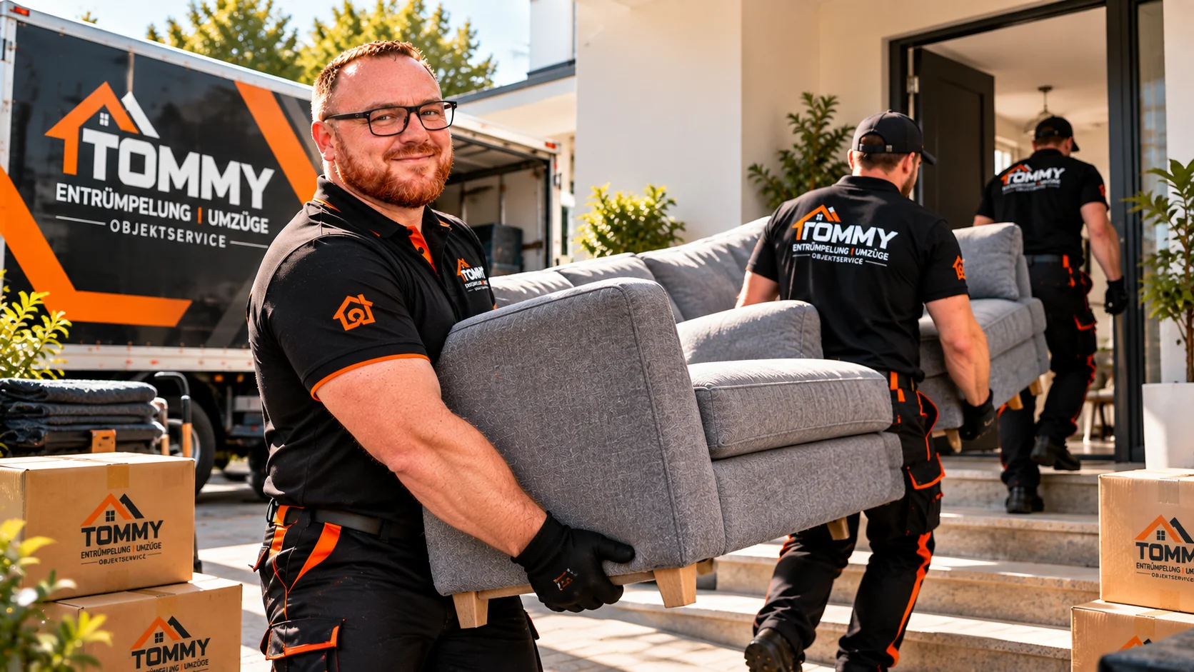 TOMMY-Team trägt ein verpacktes Möbelstück zum Umzugsfahrzeug