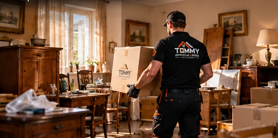 TOMMY-Mitarbeiter trägt einen Karton bei einer Haushaltsauflösung